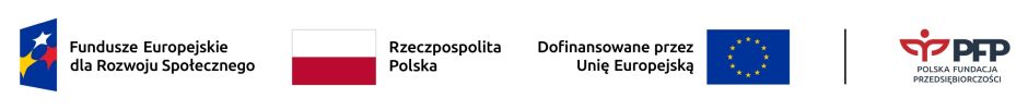 Logotypy: Fundusze Europejskie dla Rozwoju Społecznego, Rzeczpospolita Polska, Dofinansowane przez Unię Europejską, flaga Unii Europejskiej oraz Polska Fundacja Przedsiębiorczości.